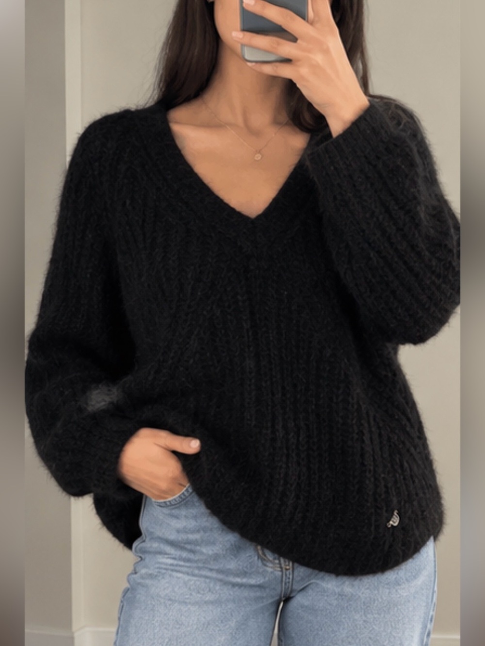 ORFEO Paris Black Mohair Wool Fuzzy V-Neck Sweater S/M